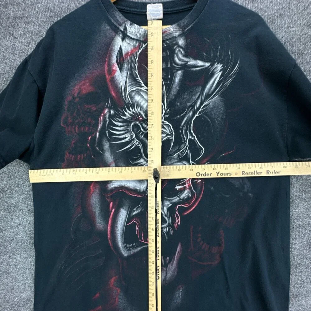 Dragon Skull T Shirt Mens Extra Large Black Red Grunge Punk Goth AOP Gildan - Picture 10 of 11